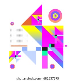 Trendy geometrical vector illustration with elements and abstract colorful textures. Design for summer holiday poster, card, brochure, and promotion template. Fashion art print and background.