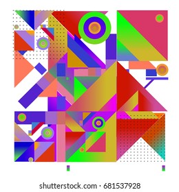 Trendy geometrical vector illustration with elements and abstract colorful textures. Design for summer holiday poster, card, brochure, and promotion template. Fashion art print and background.