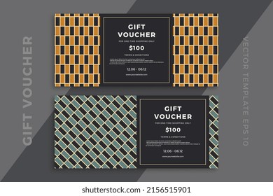 Trendy gift card templates with geometric pattern on dark background. Modern discount coupon or certificate mockup with artistic geometric mosaic. Simple vector editable background with sample text