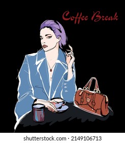 trendy girl drinking coffee and looking up