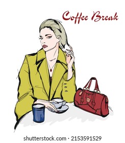 trendy girl drinking coffee and looking up