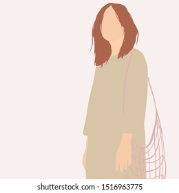 Trendy girl with eco bag. Flat female figure dressed in clothes pastel colors. 