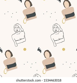 Trendy girl with gold earring. Young woman dressed in pastel colors clothes. Cartoon female flat figure. One continuous line portrait. Pattern vector illustration design. 