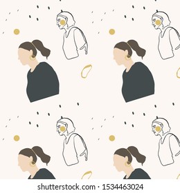 Trendy girl with gold earring. Young woman dressed in pastel colors clothes. Cartoon female flat figure. One continuous line portrait. Pattern vector illustration design. 