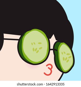 Trendy Girl With Her Cucumber Eyeglasses. Beauty And Self Care Products WIth People Concept Card Character illustration