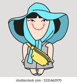 Trendy Girl With Her Fashionable Grey Dress, Blue Sun Hat And One Shoulder Belt Bag Or Sports Messenger Bag In Yellow Concept Card Character illustration