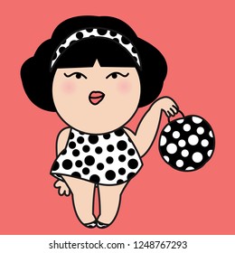 Trendy Girl With Her Polka Dot Print Sleeveless Dress, Bag, Shoe And Head Band Concept Card Character illustration