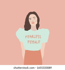 Trendy girl in mint t-shirt with the inscription Fearless female. Girl Power. Young beauty woman. Flat female figure. 