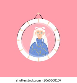 Trendy Girl in Mirror. Vector Illustration of Interior.