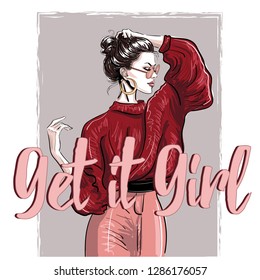 trendy girl in red pullover with lettering