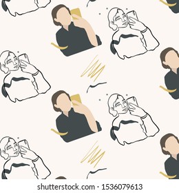 Trendy girl take a picture of yourself on the phone. Young woman dressed in pastel colors clothes. Cartoon female flat figure. One continuous line portrait. Pattern vector illustration