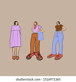 Trendy girl teenager in flat style. Funny woman's cartoon figures. 