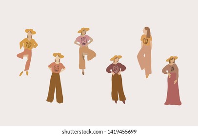Trendy Girl in t-shirt with abstract print.  Cute young girls. Flat female cartoon characters isolated on background. Fashion modern concept. 