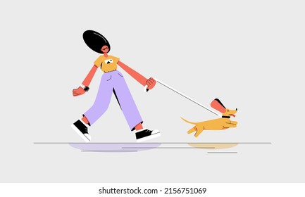 Trendy girl walks with a dachshund dog outdoors in summer. Fashion woman in sunglasses, yellow t-shirt, lavender pants. Modern style vector illustration for website design