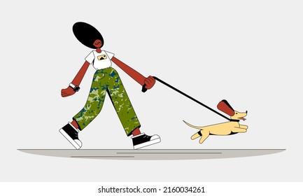 Trendy girl walks with a dachshund dog outdoors in summer. Fashion woman in sunglasses, white t-shirt, pants with green khaki pattern. Modern style vector illustration for website design