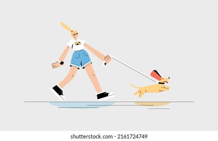 Trendy girl walks with a dachshund dog outdoors in summer. Fashion woman in sunglasses, white t-shirt, blue shorts. Modern style vector illustration for website design