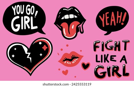 Trendy girlish gothic stickers with lips, hearts and handwritten motivational short phrases like "you go girl". Set of vector simple illustrations in cartoon style of 80s - 90s on pink background.