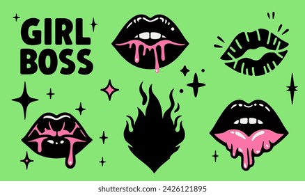 Trendy girlish gothic stickers with lips, fire flames and handwritten phrase "girl boss". Set of vector simple illustrations in flash tattoo style of 80s - 90s on green background.