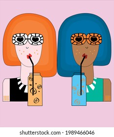 Trendy girls drinking with a straw, summer drinks, bright colors, simple shapes