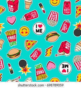 Trendy Girls Fashion Patches Seamless Pattern With Fast Food Icons