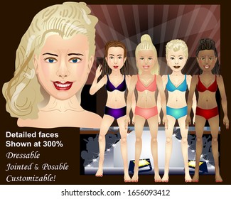 Trendy Girls Vektorillustration Kit - Erstellen Sie Ihren eigenen Charakter - Einweg- und wiederverwendbare Ledermannequins - Gesichter, Wigs, Körper - Zum Drucken, Web, Apps, Spielen
