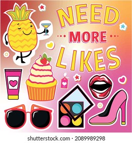 Trendy, girly background with neon, bright pop art stickers. Vector, cool set, cartoon applique collection of cute pineapple character with cocktail, cake, lips, shoes, eyeshadow, sunglasses.