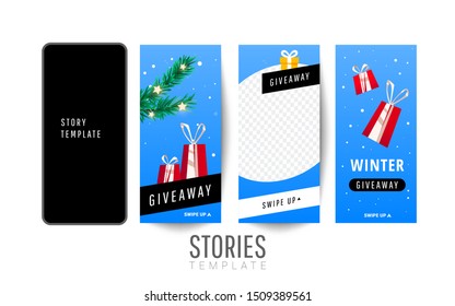 Trendy giveaway template for social networks stories with gift boxes, christmas trees for social media post or website banner.