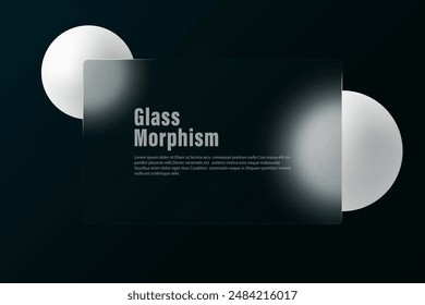 Trendy glass morphism design. White spheres and glass panel.