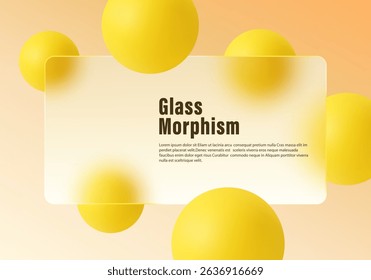 Trendy glass morphism layout with frosted white panel and vibrant yellow 3D spheres on warm peach background