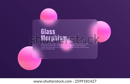 Trendy glass morphism style website landing page template. Imitation of transparent glass panel with overlay effect on pink spheres.