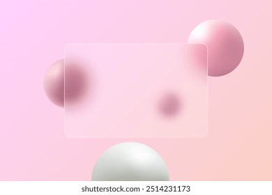 Trendy glass morphism website landing page template. Frosted glass partition with floating pink spheres.