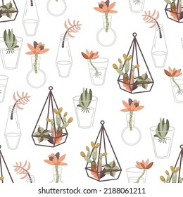 Trendy Glass Terrariums and Succulent Propagation Vector Seamless Pattern