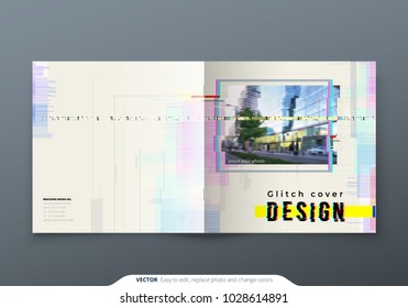 Trendy glitch cover design template for sqaure brochure. Modern glitch vector illustration.