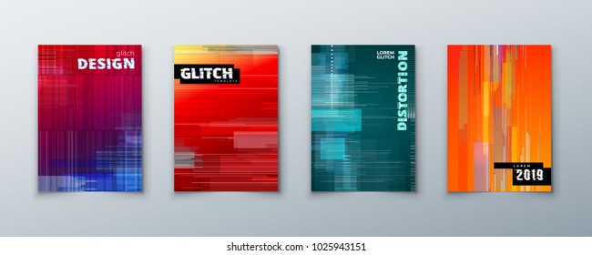 Trendy glitch covers design with geometric pattern. Modern vector illustration.