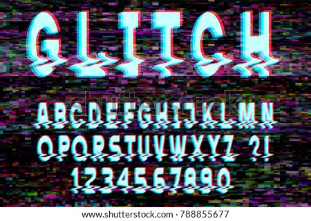 Trendy Glitch distorted font letters and numbers. Vector set with broken pixel effect,old distorted TV matrix effect. Video game alphabet in retro style