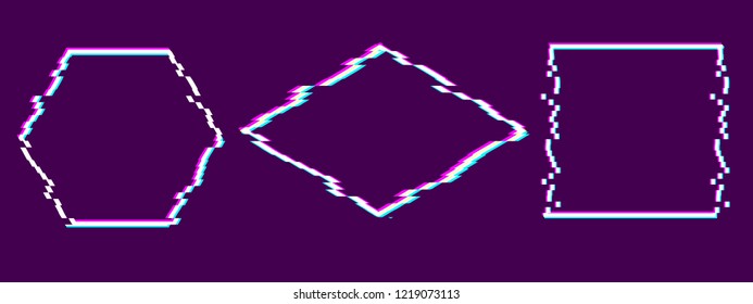 Trendy glitch effect art. Set of white pixel frames on purple background with pink, blue, yellow channel. 3d moving outline. Empty text box. Minimal distorted style for sale, logo, party flyer, poster