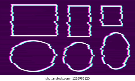 Trendy glitch effect. Set of white pixel frames (circle, rectangle, oval, square shape) on purple background with pink, blue, yellow channel. 3d techno disintegration text box. Dark minimal geometric
