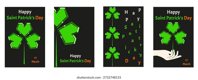 Trendy Glitch Saint Patrick's Day vertical poster cover set. Vector Glitch effect and grunge texture  green clover with bold holiday message isolated black background. Modern St Patrick Day card collection. EPS 10