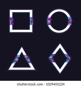Trendy glitched shapes. Circle triangle rhombus and square with distortion effect