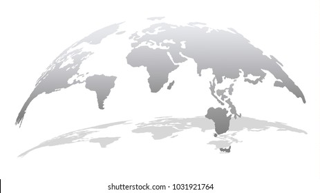 Trendy Globe Map in Light Grey Color with Mirror Shadow Isolated on White Background. Vector Illustration