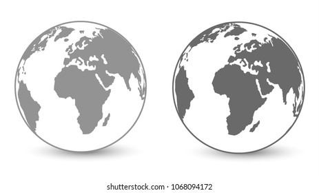 Trendy Globe Map as Sphere in Grey  Color & Flat Design Isolated on White Background. Vector Set