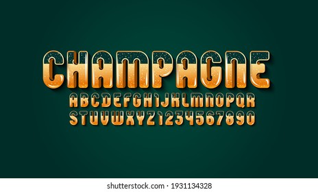 Trendy glossy font, golden alphabet, bright rounded letters from A to Z and numbers from 0 to 9, vector illustration 10EPS