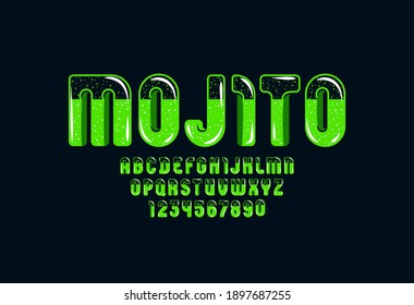 Trendy glossy font, green alphabet in the cartoon style, bright rounded letters from A to Z and numbers from 0 to 9, vector illustration 10EPSм