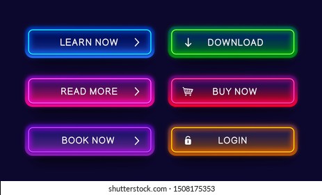 Trendy, glow, neon buttons for web design. Abstract, vector, neon buttons isolated on dark background. Ready web concept element for website.