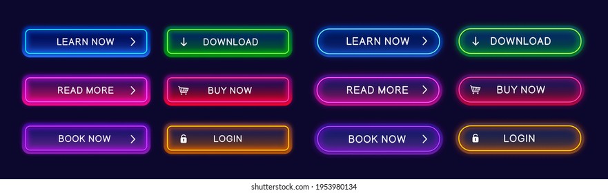 Trendy, glow, neon buttons for web design, apps, ui. Abstract, vector, neon buttons isolated on dark background. Ready web concept element for website.