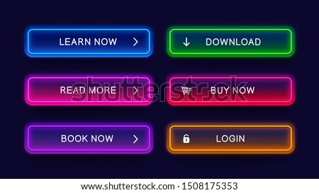 Trendy, glow, neon buttons for web design. Abstract, vector, neon buttons isolated on dark background. Ready web concept element for website.