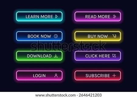 Trendy glowing neon button set for web design. Bright UI elements on dark background vector