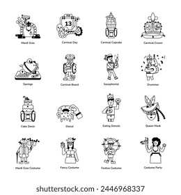 Trendy Glyph Icons Depicting Mardi Gras Celebration 
