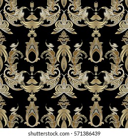 Trendy gold  baroque  seamless pattern. Antique wallpaper with vintage medieval damask flowers,  leaves and luxury golden ornaments. Vector royal texture. Black  background.