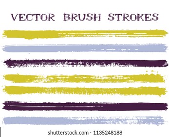 Trendy gold blue and purple ink brush strokes isolated design elements. Set of paint lines. Artistic Ink brushes stripes isolated on white, vector colors guide book samples.